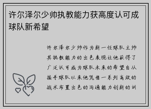 许尔泽尔少帅执教能力获高度认可成球队新希望